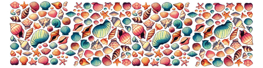 A vibrant collection of seashells and starfish arranged in a repeating pattern, showcasing a variety of shapes, colors, and sizes.