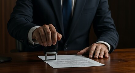 Midsection of Man Applying Stamp on Official Document at Wooden Desk