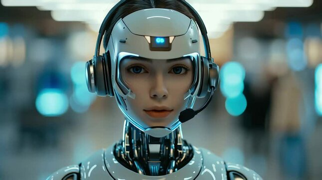 4K video of a female AI robot call center agent on a head set talking to a cilent in a modern call center
