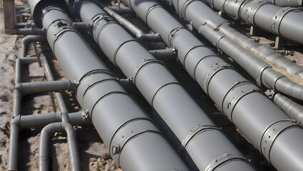 Long metal pipes laid out on the ground in a row at an industrial construction site showing infrastructure preparation