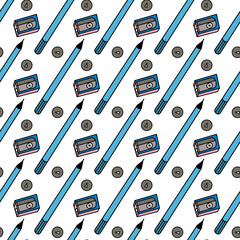 Seamless pattern with pens and pencils, stationery for studying, eraser and buttons, digital illustration.