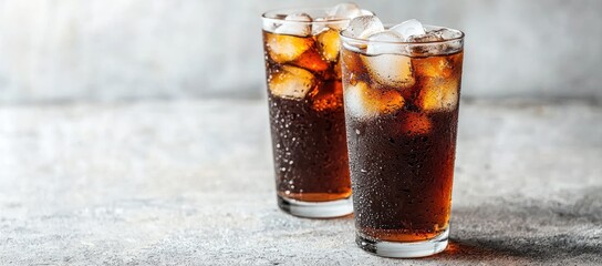 Chilled cola in glass with ice cubes and condensation on concrete surface, refreshing and fizzy with vibrant contrast, perfect for beverage ads, summer promotions, and packaging design