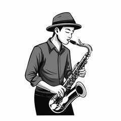 Naklejka premium Man playing saxophone instrument vector image on white background.
