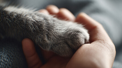 Closeup of a persons hand gently holding a fluffy gray cats paw. Captures a tender moment, representing companionship, care, and affection. Perfect for petrelated projects.