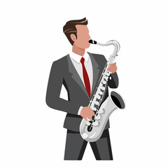 Naklejka premium Man playing saxophone in a stylized illustration vector image on white background.