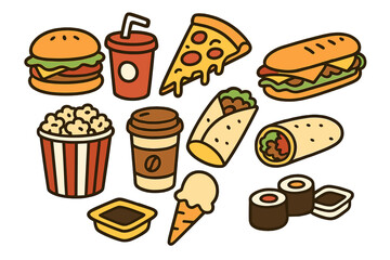 Vector icons of cartoon fast food including burgers, drinks, pizza, hamburgers, and sandwiches are available, along with images of junk food or fastfood like chicken, popcorn snacks, soda, coffee