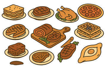 A collection of hand-drawn illustrations featuring various culinary dishes, including lasagna, steak, turkey, pizza, Belgian waffles, khachapuri, brownie, fish steak, and meatloaf, in vector sketch
