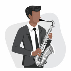 Naklejka premium Man playing saxophone in a stylized illustration vector image on white background.