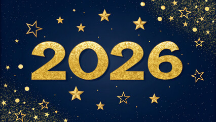 Naklejka premium Festive Glitter “2026” with Golden Stars on Navy Blue 