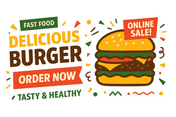 Innovative web banner template for fast food businesses, featuring healthy burgers and online sales for social media marketing