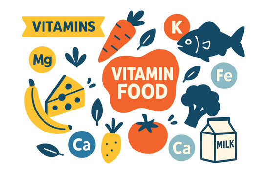 Nutritionally enhanced food products contain essential vitamins and minerals such as magnesium, iron, calcium, and potassium, as depicted in a vitamin food nutrition cartoon vector set