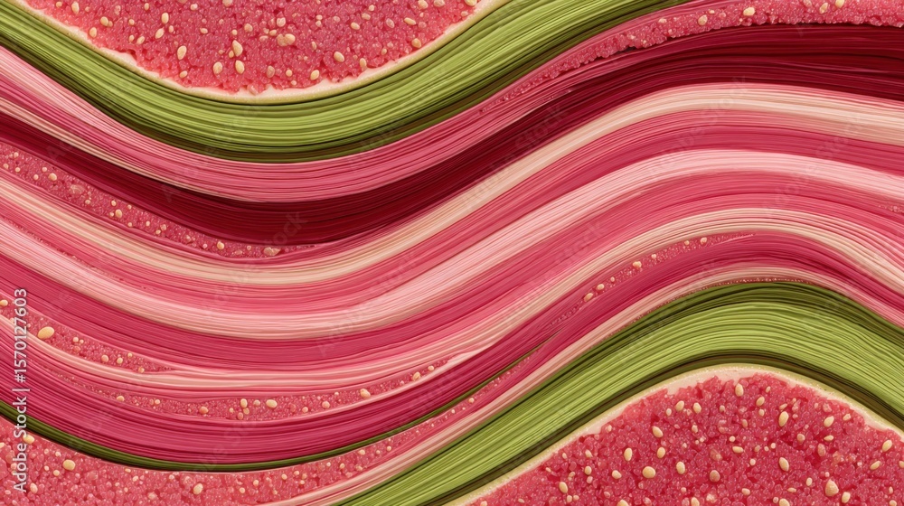 Poster a pink, green, and white striped background with a pink and green object in the middle. the object i