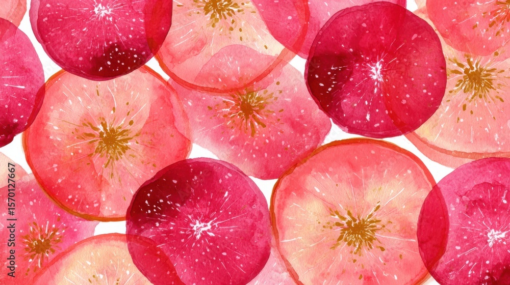 Poster a watercolor painting of many red circles with a pink background. the circles are of various sizes a
