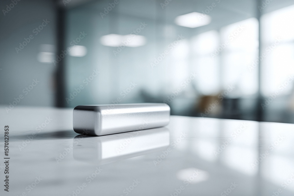 Poster minimalist composition. a metallic bar on a marble surface in a modern office setting. great for con