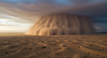 Large dust storm rolling across a desert landscape under a cloudy sky.