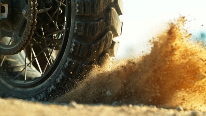 Detail view of the wheel of motocross bike. Freeze motion of exploding clay.