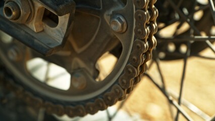 Detail view of the chain of motocross bike. Engine and gear detail.