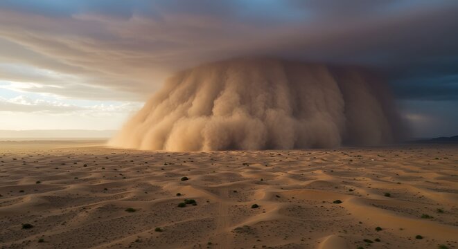 Large dust storm rolling across a desert landscape under a cloudy sky.