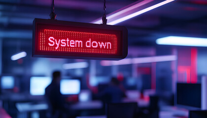 Red system down sign, indicating IT problem in office. Employees working on computers, network failure, security alert, data outage