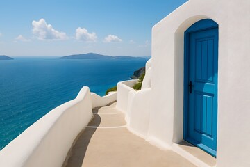 White house on Santorini island with ocean view under blue sky 