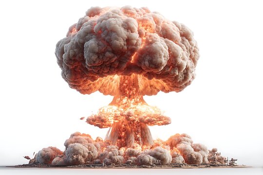 Game-style atomic explosion with mushroom cloud on white background