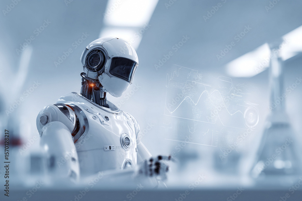 Poster futuristic humanoid robot analyzing data on a holographic interface. concept of ai, automation, scie