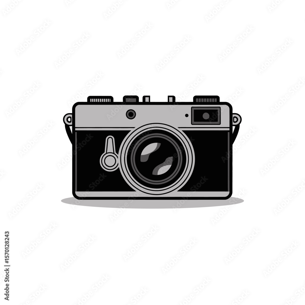 Aufkleber retro camera with lens and strap lugs in a flat design style
