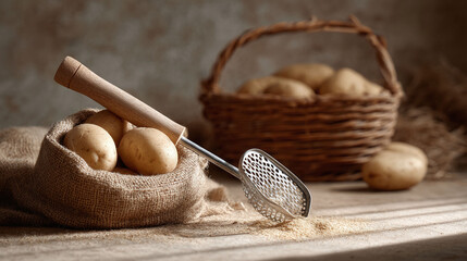 Rustic still life showcasing fresh potatoes in a burlap sack and woven basket. Natural light, earthy tones, and kitchen utensil create a cozy, farmtotable feel.
