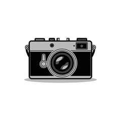 Retro camera with lens and strap lugs in a flat design style