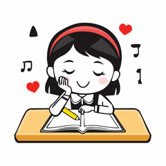 Little Girl Asleep while doing homework image vector isolated on white background.