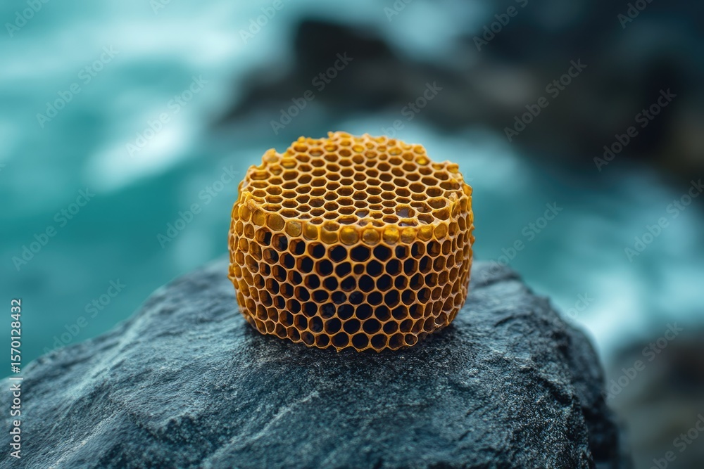 Poster honeycomb rests on a dark rock near a tranquil blue ocean, showcasing its intricate hexagonal struct