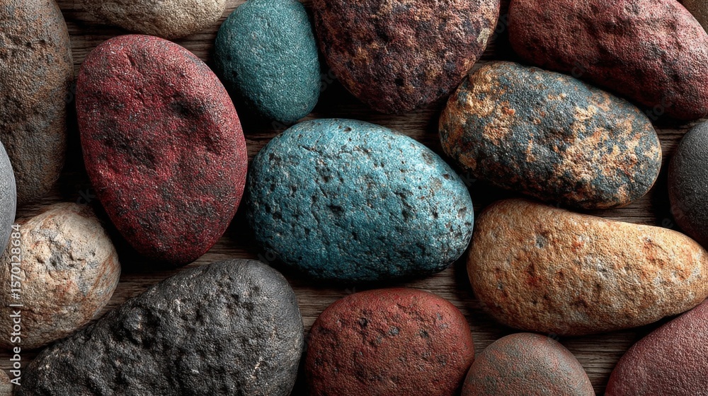Poster a collection of rocks of various colors and sizes are arranged on a wooden surface. concept of natur