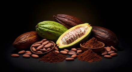 Cocoa Beans and Powder: A Rich Harvest from Cacao Pods, showcasing the journey from bean to delicious chocolate powder