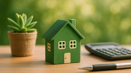 Green house model with potted plant and calculator on wooden table for real estate investment