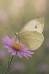 Yellow butterfly perched on purple flower in soft focus background