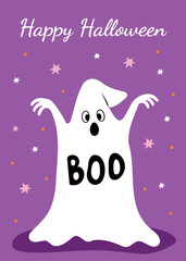 Cute halloween postcard of a ghost saying boo ,vector illustration.