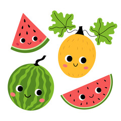 Cute watermelon and melon set in kawaii style,vector illustration.