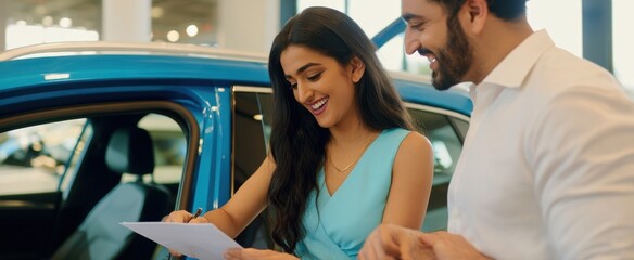 The happy couple signing documents for their new car purchase at the dealership.