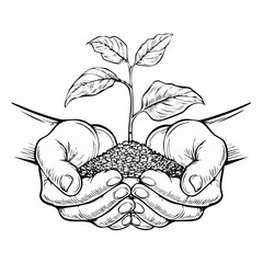 Hands holding soil and plant image vector isolated on white background.