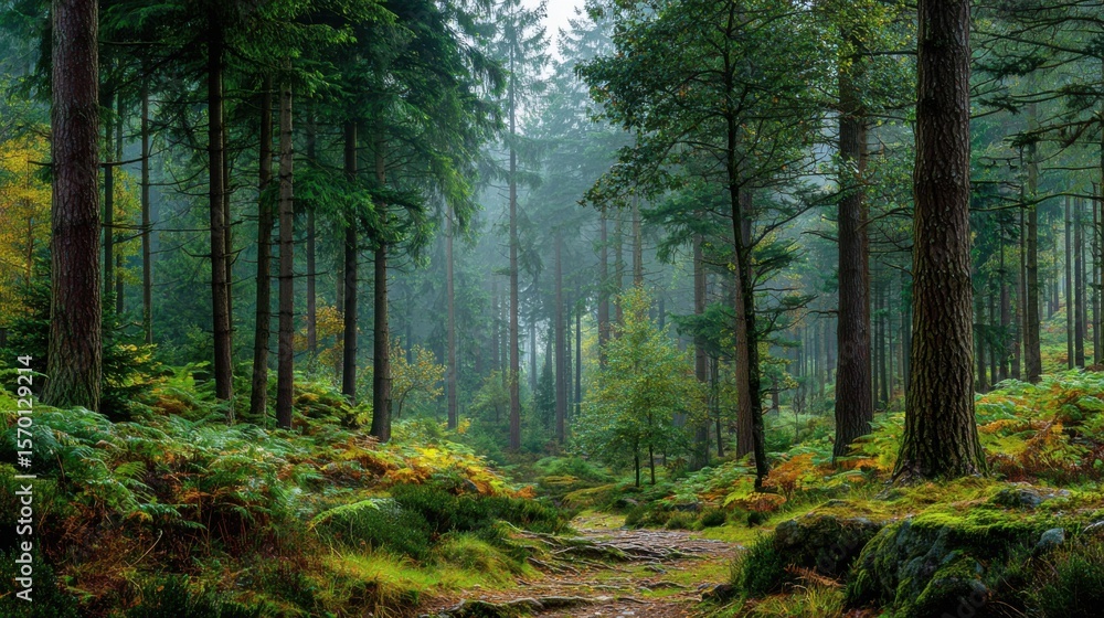 Poster a forest with a path through it. the trees are tall and green, and the path is covered in moss. scen