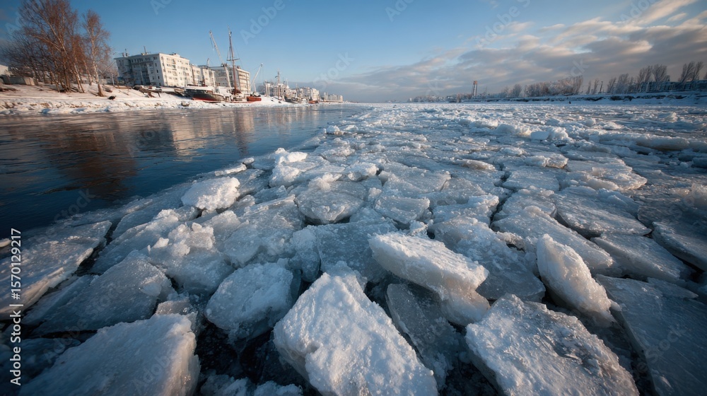 Poster a frozen river with a lot of ice chunks on it. the ice is piled up in a way that it looks like a wal