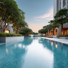 Fototapeta premium Serene pool reflecting a pastel sky, framed by lush greenery and modern architecture. Captures luxury, tranquility, and escape. Perfect for travel or lifestyle.