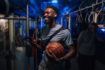 Smiling basketball player using smartphone on bus at night