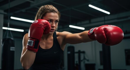 Focused female boxer throws a powerful punch in a gym training session showcasing strength athleticism and dedication