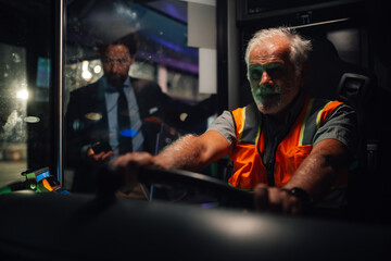 Senior bus driver driving bus at night with businessman boarding