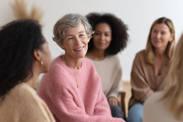 Diverse women in a support group setting, sharing, and listening. Represents unity, empowerment, conversation, therapy, and community. Ideal for mental health content.