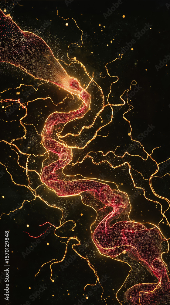 Aufkleber dark background with glowing nervous system in gold; currents pulse steadily