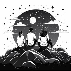 Obraz premium Silhouette of a Group of Teenagers Sitting on Mountain Rocks Admiring the Beauty of the Night