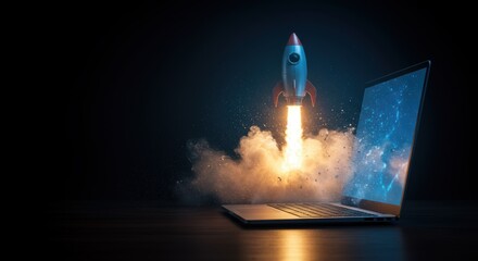 Rocket launches from laptop symbolizing success innovation technology and digital transformation in a vibrant dark background