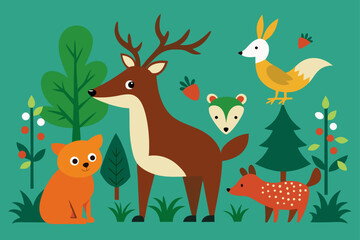 Whimsical Forest Animals with Nature Elements